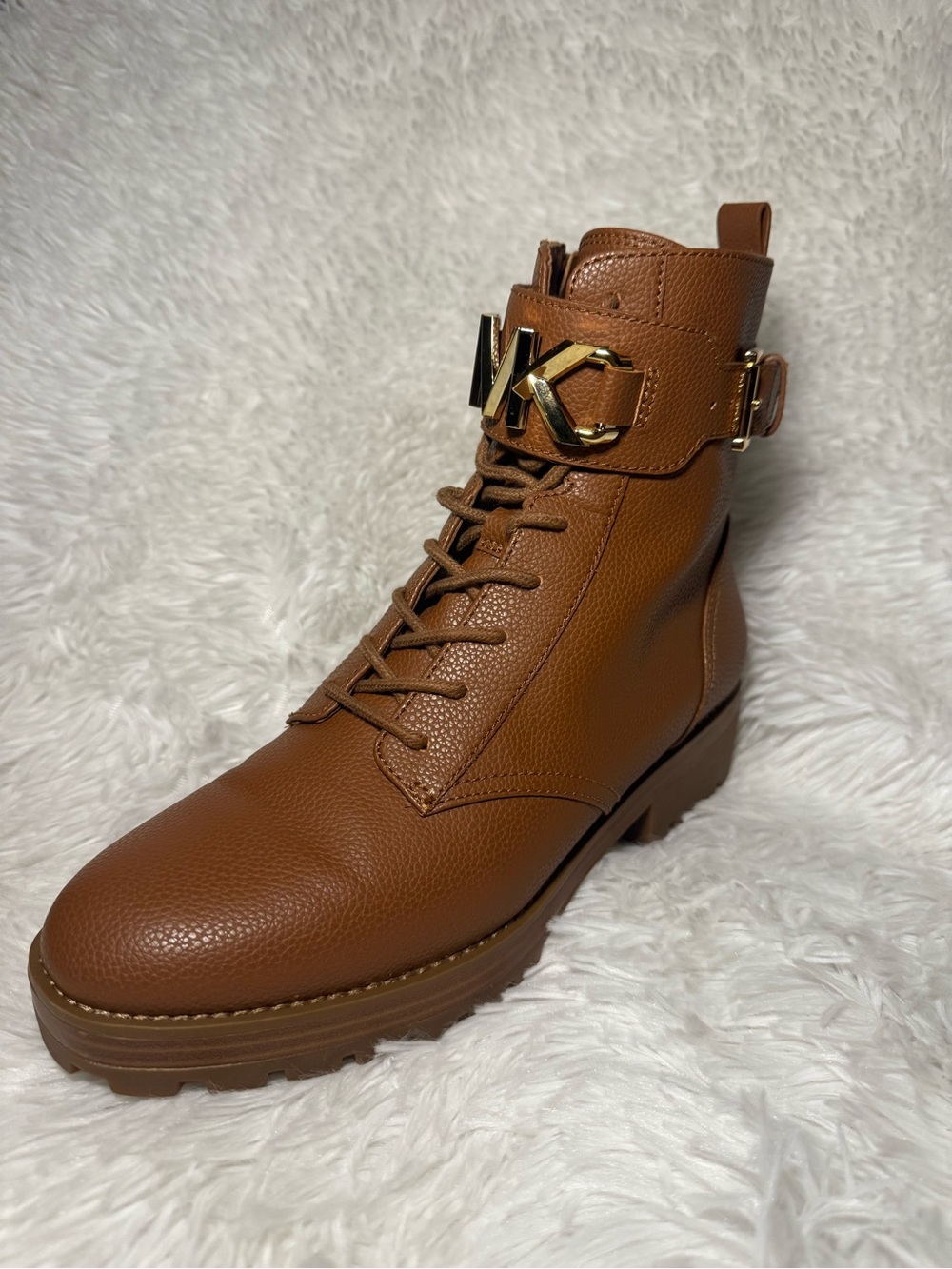 Michael Kors Luggage Leather Lace-Up Combat Boot with Gold MK Buckle